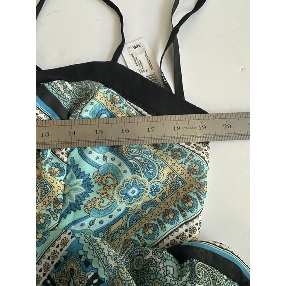 NWT BISOU BISOU Michele Bohbot Teal Scarf Tile Print Black Trim Maxi Dress 14 - Picture 13 of 15